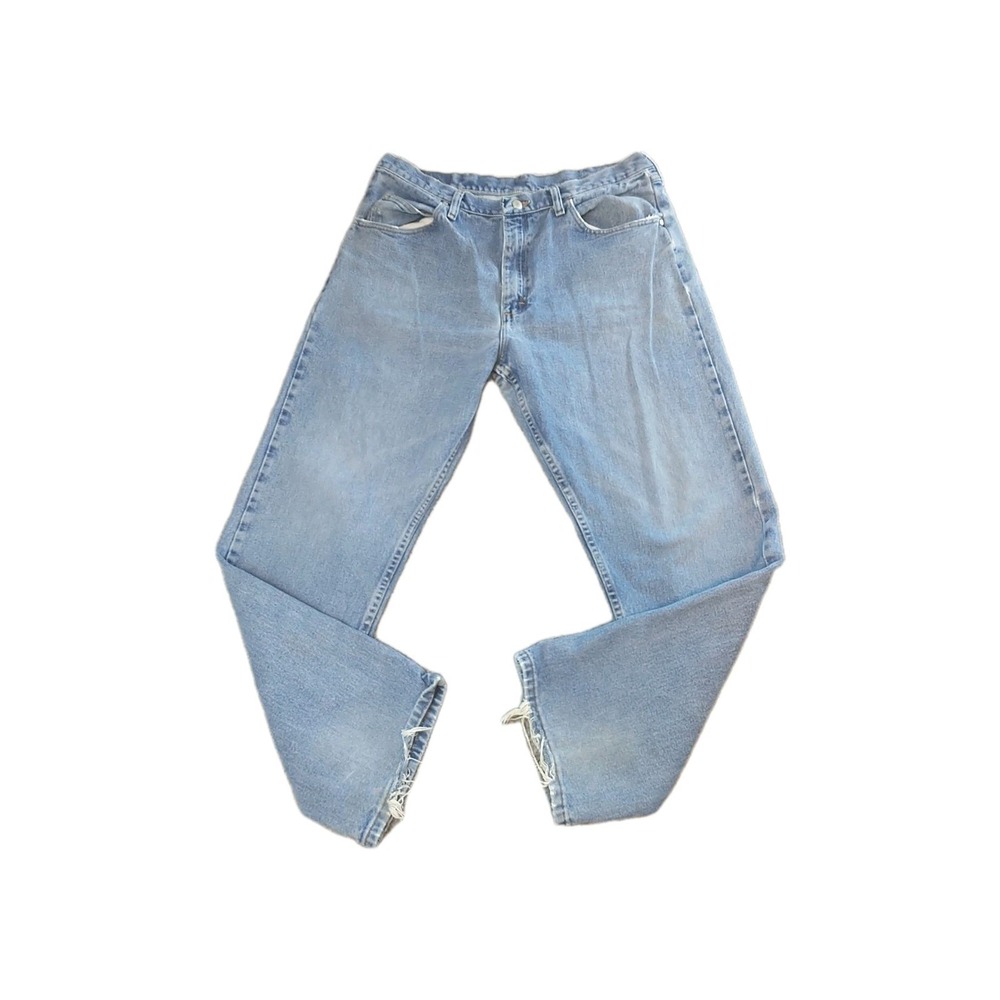 Wrangler 9760WDR Mens Light Wash Straight Leg Distressed Jeans 34x31 Blue Cotton